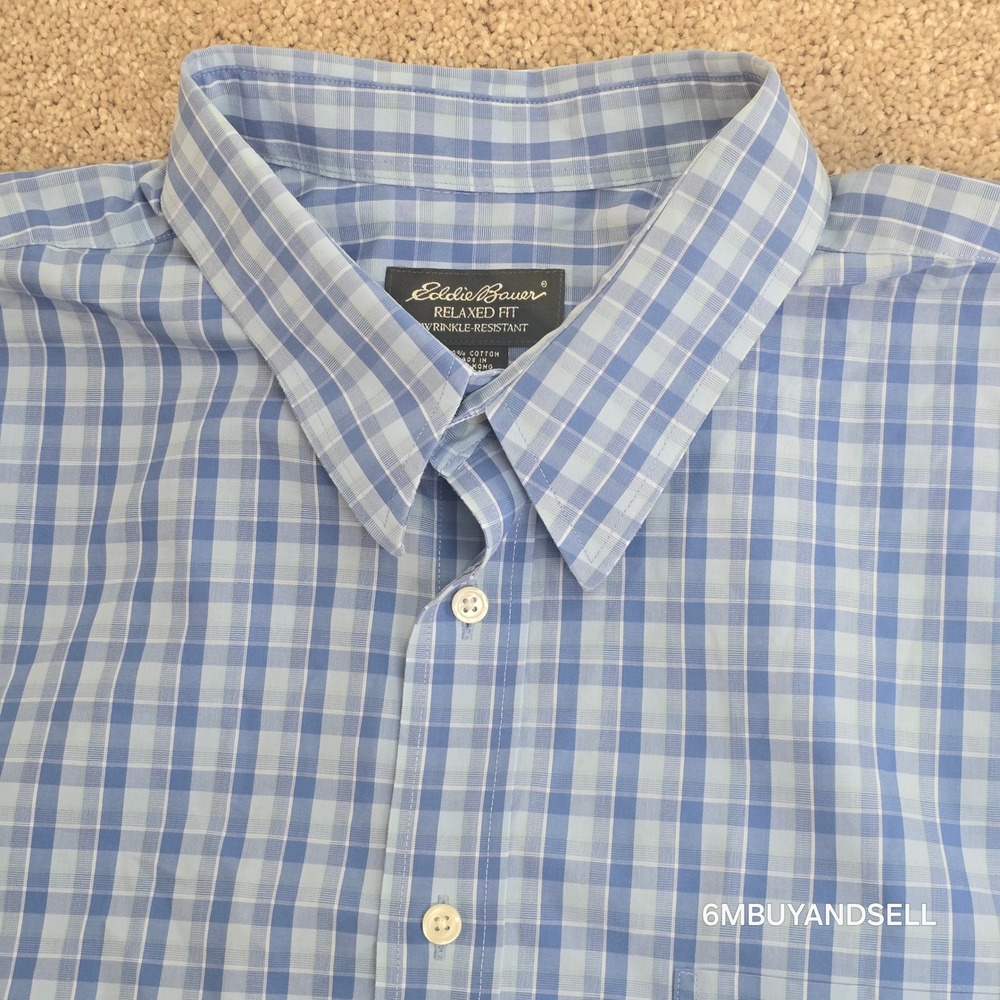 Eddie Bauer Mens XXL Tall Blue Plaid Short Sleeve Button Up Relaxed Fit Shirt - Picture 6 of 12